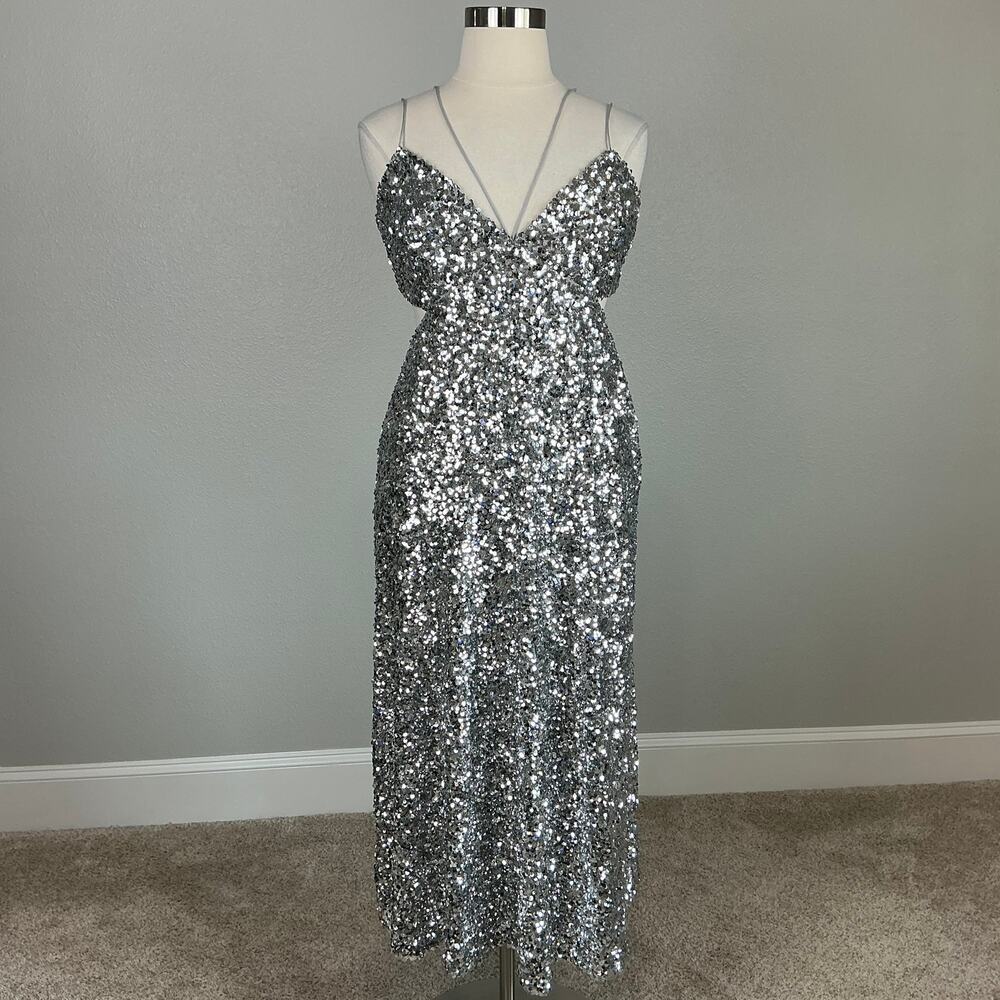 Sachin & Babi Sequined Cut Out Midi A-Line Evening Gown Silver Size 14 Dress - Picture 2 of 13